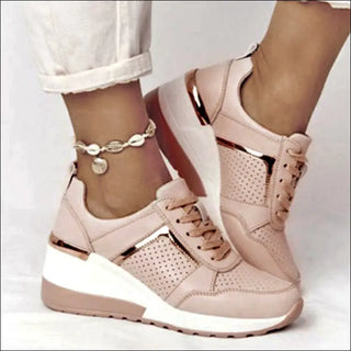 Stylish Casual Sneakers: Blush Pink Perforated Leather Wedge Trainers with Ankle Strap