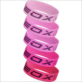 Vibrant resistance bands in various shades of pink, featuring the EOX brand logo. These durable fabric loop bands are designed for leg, butt, and glute training, offering 5 resistance levels to challenge your workouts.