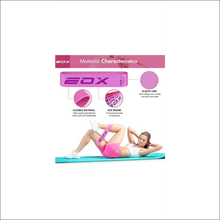 Five resistance fabric loops in varying colors and levels for leg, butt, and glute workout training.