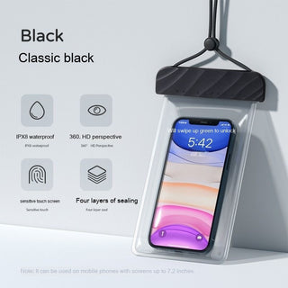 Classic black waterproof mobile phone bag with 360-degree HD perspective, sensitive touch screen, and four layers of sealing for outdoor activities.