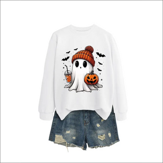 Fashion Long Sleeve Milk Tea Pumpkin Bat Printed Crew Neck