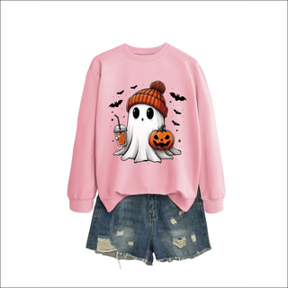 Fashion Long Sleeve Milk Tea Pumpkin Bat Printed Crew Neck