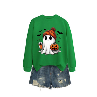 Long Sleeve Milk Tea Pumpkin Bat Printed Green Sweater