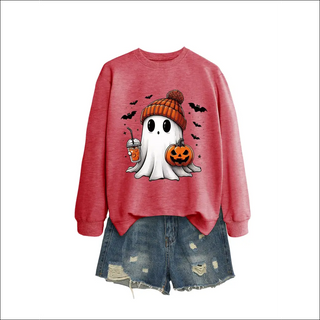 Fashion Long Sleeve Milk Tea Pumpkin Bat Printed Crew Neck