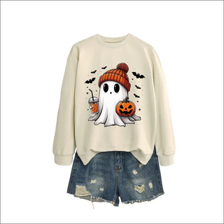 Fashion Long Sleeve Milk Tea Pumpkin Bat Printed Crew Neck