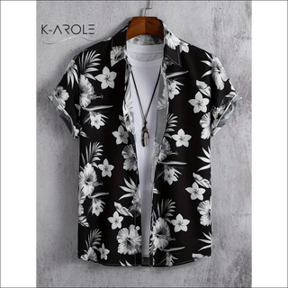 Floral short sleeve button down shirt hanging on a wooden hanger against a white wall with the K-AROLE logo visible.