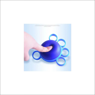 Vibrant blue massage ball with finger grip holes, held in a hand against a plain background.