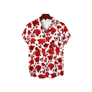 Vibrant red floral button-up shirt with a lapel collar, perfect for elevating any casual outfit at K-AROLE.