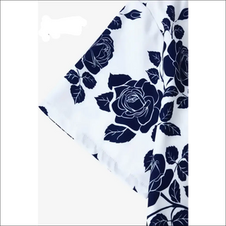 Elegant navy blue floral print shirt with short sleeves and a collar, featured in the product image.