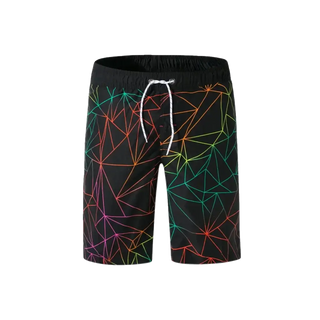 Colorful geometric print drawstring waist shorts featured on a black background.