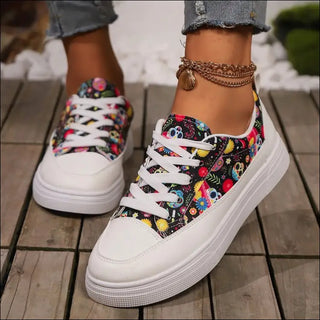 Halloween Skull Print Lace-up Canvas Shoes For Women