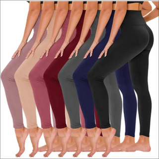 Colorful high-waisted yoga pants with pockets for women. The image shows a variety of leggings in different colors including black, navy blue, burgundy, and various shades of purple. The pants feature a high-waisted silhouette and are designed for yoga, exercise, or everyday wear.