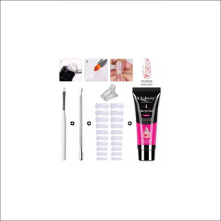 Assorted acrylic nail art tools - gel applicator brushes, nail forms, and a tube of acrylic gel in a vibrant pink color, showcased in a clean, organized product display.