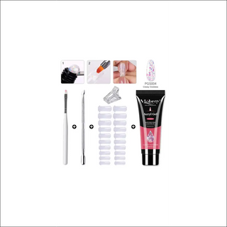 Assortment of acrylic gel nail tools and accessories: nail tip forms, crystal UV gel, nail art brushes, and gel polish for salon-quality manicures at home.