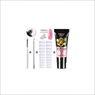 Assorted nail care essentials including acrylic gel kit, crystal UV gel, nail art tools, and brush for a polished manicure experience.