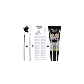 Acrylic nail extension kit with clear gel, nail tips, and brush for professional-looking nails at home. Essential manicure accessories for creating customized nail designs.