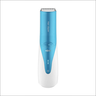 Cordless electric hair clipper in sleek blue and white design for children's home grooming.