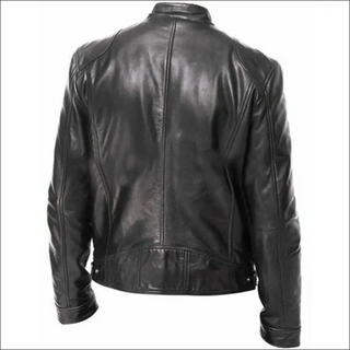 Sophisticated men's black leather jacket with a zipper closure and pockets, displaying a classic and stylish design perfect for a gentleman's wardrobe.