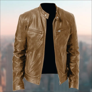 Stylish tan leather jacket with zipper pockets and collar, perfect for a casual yet refined look.