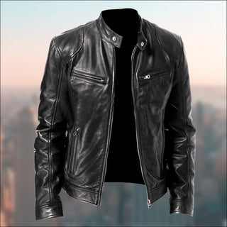 Stylish leather jacket with zipper details and pockets, ideal for a modern gentleman's urban look.