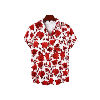 Vibrant red floral button-up shirt with a lapel collar, perfect for elevating any casual outfit at K-AROLE.