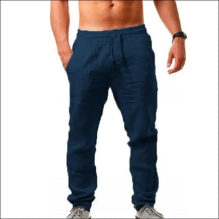 Breathable cotton and linen casual sports trousers in navy blue, featuring a relaxed fit and drawstring waistband for comfort.