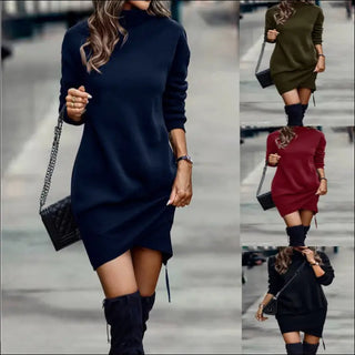 Long Sleeve Dress Solid Color High Neck Cross Short Womens