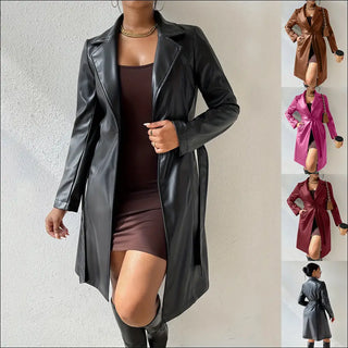 Long Sleeve Lapel PU Leather Jacket With Pockets Slim Fit