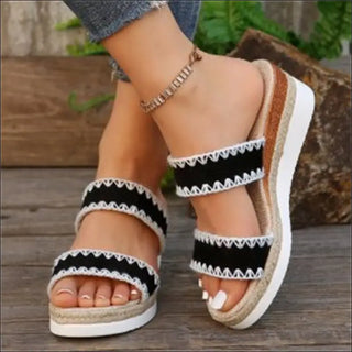 New Hemp Rope Woven Wedge Slippers Summer Ethnic Style Sandals Double Wide Strappy Shoes For Women - K - AROLE