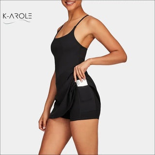 Woman's black pocketed tennis yoga running dress by K-AROLE, featuring a sleeveless design and a sporty, comfortable look.