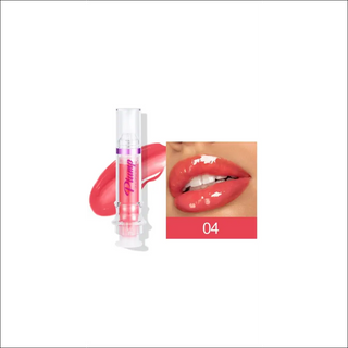 Glossy coral-colored liquid lipstick with mirror-like finish in tube container