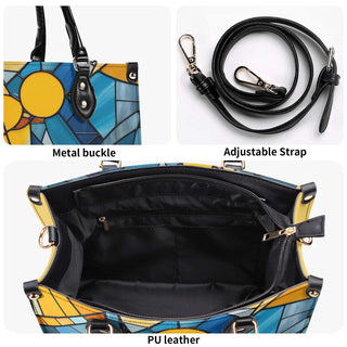 Vibrant floral-themed tote bag with metal buckle, adjustable strap, and black PU leather interior. Stylish and functional women's handbag for everyday use.