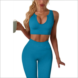 QINSEN Women'S Yoga Workout Outfits 2 Piece High Waisted Leggings with Sports Bra Gym Clothes Sets Light Blue S