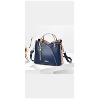 Stylish women's patchwork handbag in navy blue color with leather strap and tote design, showcasing a fashionable and functional accessory.