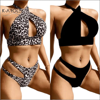 Sexy Leopard Print Hollow Bandage Bikini - mailllot de