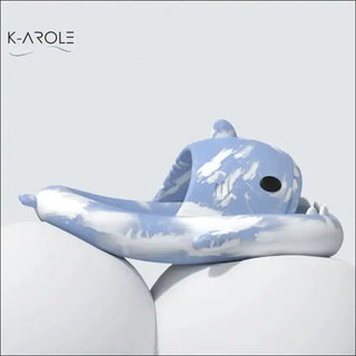 Tie-dye shark-shaped slippers from K-AROLE, a trendy women's fashion and accessories store, featured on a plain background.