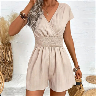 Solid Color Jacquard Striped Blouse Cross Collar Jumpsuit