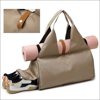 Versatile Beige Sports Duffel Bag with Yoga Mat Strap and Shoe Compartment. Sturdy and Practical Fitness Gym Bag for Women's Activewear, Accessories, and Travel Needs.