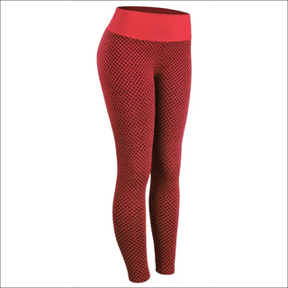 Stylish red leggings with a polka dot pattern, designed for active women. These breathable, high-waisted yoga pants feature a comfortable, seamless construction to support your fitness and workout routines.