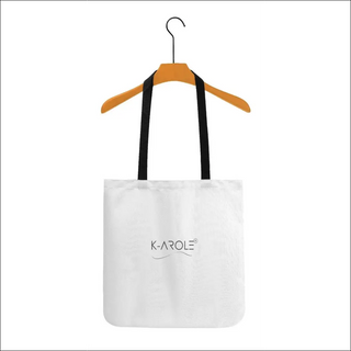 Stylish white tote bag with K-AROLE logo, fashionable accessories for women's street style.