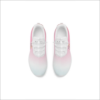 Stylish women's pink and white sneakers with lace-up front design, perfect for athleisure or active wear.