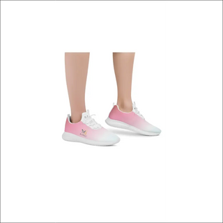 A pair of trendy, lace-up front women's running shoes in a stylish pink and white color scheme. The sneakers feature a sleek, sporty design and appear to be made of a lightweight, breathable material for comfort and performance during active wear.