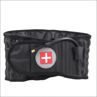 Black back decompression belt with lumbar support and Swiss cross medical symbol. The belt appears to be designed for back pain relief, lumbar disc herniation, and lumbar traction. It features adjustable straps and a sleek, minimalist design.