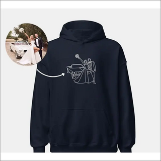 Stylish black hoodie with line art design of a couple in formal attire, possibly a wedding or formal event scene