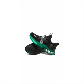 Striking black and green athletic sneakers with a dynamic sole design for an active lifestyle.