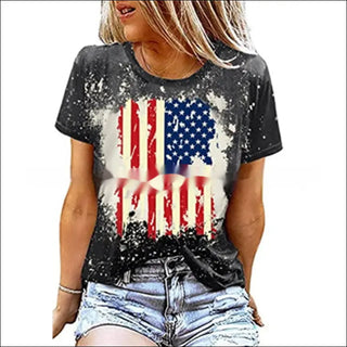 American flag graphic women's casual t-shirt with short sleeves and distressed design