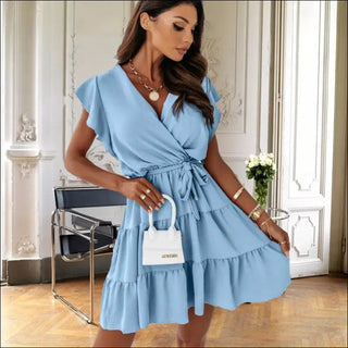 Trendy Tie-Front Ruffled Mini Dress in Sky Blue - dress