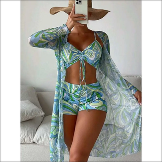 Trendy Tropical Floral Print Swimsuit with Chiffon Cover-Up