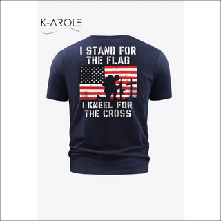 Navy blue short-sleeved t-shirt with US flag graphic and text "I stand for the flag, I kneel for the cross"