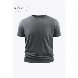 Casual charcoal grey short-sleeve t-shirt with the K-AROLE logo prominently displayed, perfect for women's athleisure outfits.